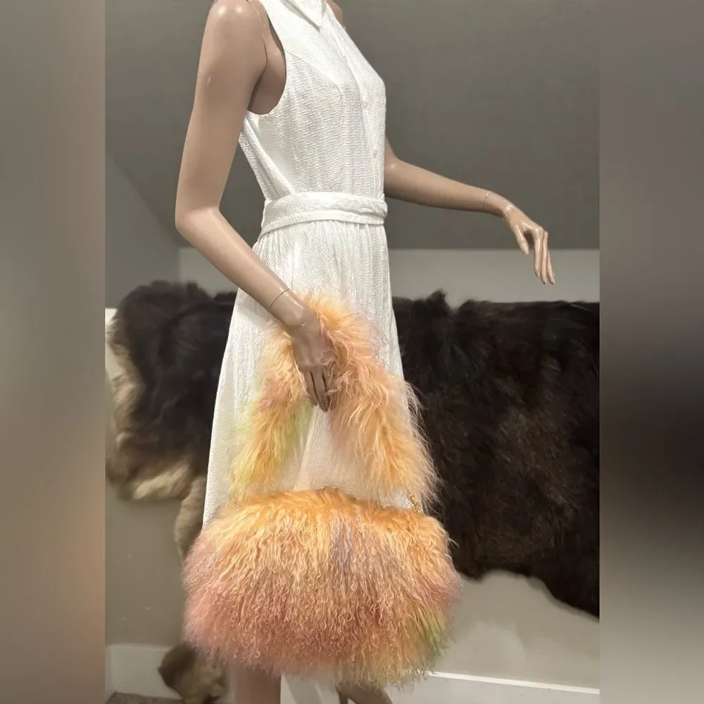 Colorful Real Mongolian Lamb Fur Handmade Boho Style, Fold Over Flap Handbag